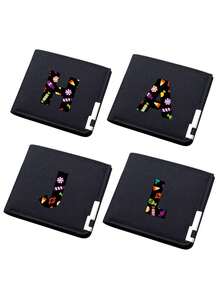 1件26字母卡通糖果元素钱包通用短款钱包男女生卡夹短钱包个性帆布双折钱包男孩女孩万圣节创意礼物生日 - 黑色 - 查看 1