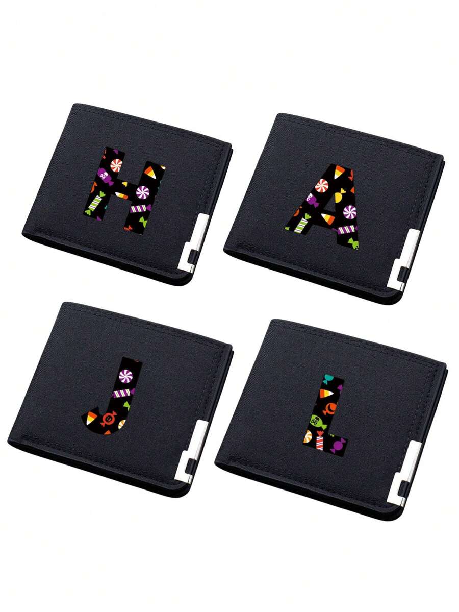 1件26字母卡通糖果元素钱包通用短款钱包男女生卡夹短钱包个性帆布双折钱包男孩女孩万圣节创意礼物生日 - 黑色 - 查看 1