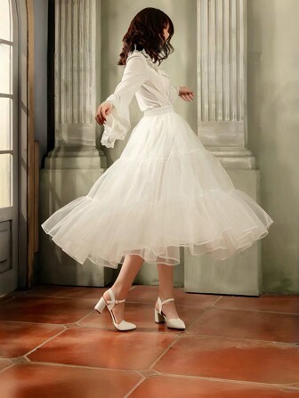 A White 80cm Long Underskirt With 2 Layers Of Crystal Yarn And 1 Layer Of Inner Lining That Can Be Wear Outside; Boneless Underskirt With Adjustable Frill; Suitable For Weddings, Banquets, Performances, Parties, Cosplay And Other Dress Up As Underskirt Decorations. Halloween Valentine's Day Valentines