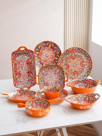 1套波西米亚风格陶瓷餐具，采用北欧波西米亚设计，复古花卉图案，高端品质碗盘，适用于酒店、餐厅、家庭厨房，是节日聚会、婚礼、圣诞节、万圣节等庆祝活动的理想之选。包含各种形状和尺寸的饭碗、汤碗、餐盘和餐盘。学校用品