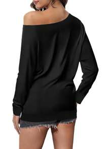 Solid Color Women's Off-Shoulder Long Sleeve Top, Boat Neck Fall And Winter Shirt, Slim-Fit Loose Casual Plus Size Blouse, Sexy Off-Shoulder Loose-Fit Top - 黑色 - 查看 3