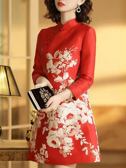 Women's Floral Print Button Design Elegant Cheongsam