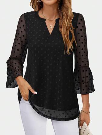 CheersLife Damblus med 3/4-ärm, V-ringad meshskjorta med dubbla lager, casual/formell passform