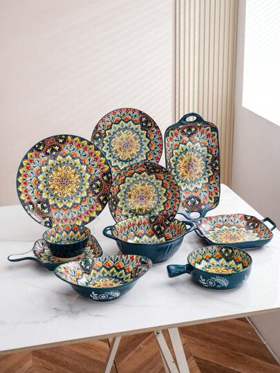 1set Ceramic Bohemian Style Bowls & Plates, Green Tableware, Nordic Popular Euro-Bohemian Style Holiday Retro Floral Pattern Creative High-End Casual Dinnerware, Large & Small Bowls, Soup Bowls, Plates, Whole Set For Hotel, Restaurant, Home Kitchen, Housewarming, Christmas & Halloween Party, Weddings, Dishes, Bowls, Platters, Round Plates, Square Plates, Oblong Plates, Green Tableware Set,School Supplies