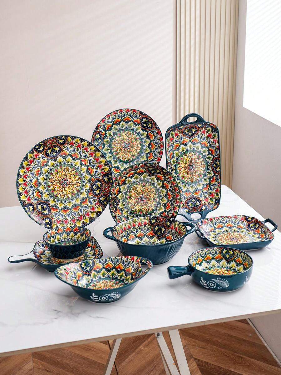 1set Ceramic Bohemian Style Bowls & Plates, Green Tableware, Nordic Popular Euro-Bohemian Style Holiday Retro Floral Pattern Creative High-End Casual Dinnerware, Large & Small Bowls, Soup Bowls, Plates, Whole Set For Hotel, Restaurant, Home Kitchen, Housewarming, Christmas & Halloween Party, Weddings, Dishes, Bowls, Platters, Round Plates, Square Plates, Oblong Plates, Green Tableware Set,School Supplies