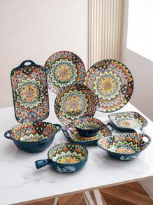 1set Ceramic Bohemian Style Bowls & Plates, Green Tableware, Nordic Popular Euro-Bohemian Style Holiday Retro Floral Pattern Creative High-End Casual Dinnerware, Large & Small Bowls, Soup Bowls, Plates, Whole Set For Hotel, Restaurant, Home Kitchen, Housewarming, Christmas & Halloween Party, Weddings, Dishes, Bowls, Platters, Round Plates, Square Plates, Oblong Plates, Green Tableware Set,School Supplies - Green - View 4