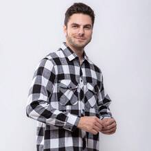 Men's Plaid Shirt Long Sleeve Winter - 黑色 - 查看 7