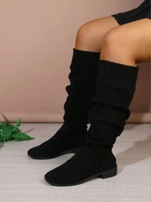 Women's Comfortable Suede Pointed Toe Chunky Heel Knee-High Boots, New Pleated Fashion Boots For Autumn/Winter, Run Small By 1 Size