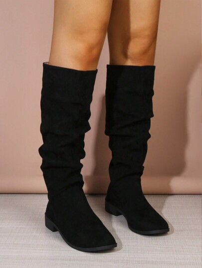 Women's Comfortable Suede Pointed Toe Block Heel Knee High Boots, New Fashion Pleated Design For Autumn/Winter,Match With Shorts,Black Boots