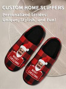1 Pair Christmas Custom Home Slippers, Personalized Santa Photo Home Slippers, Custom Christmas Hat Thick Sole Home Slippers, Personalized Home Slippers, Photo Home Slippers, Personalized Home Slippers For Women And Men, Personalized Home Slippers, Christmas Gift, Groomsman Gift, Anniversary Gift, Valentine Gift, Birthday Gift, Wedding Gift, Best Friend Gift, Gift For Mom/Dad/Her/Him/Girlfriend/Boyfriend/Wife/Husband/Friend - Black - View 2