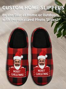1 Pair Christmas Custom Home Slippers, Personalized Santa Photo Home Slippers, Custom Christmas Hat Thick Sole Home Slippers, Personalized Home Slippers, Photo Home Slippers, Personalized Home Slippers For Women And Men, Personalized Home Slippers, Christmas Gift, Groomsman Gift, Anniversary Gift, Valentine Gift, Birthday Gift, Wedding Gift, Best Friend Gift, Gift For Mom/Dad/Her/Him/Girlfriend/Boyfriend/Wife/Husband/Friend - Black - View 3