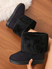 女士蓬松内衬休闲雪地靴，厚实保暖防水仿皮材质，纯色防寒，多色新款，黑色 - 黑色 - 查看 3