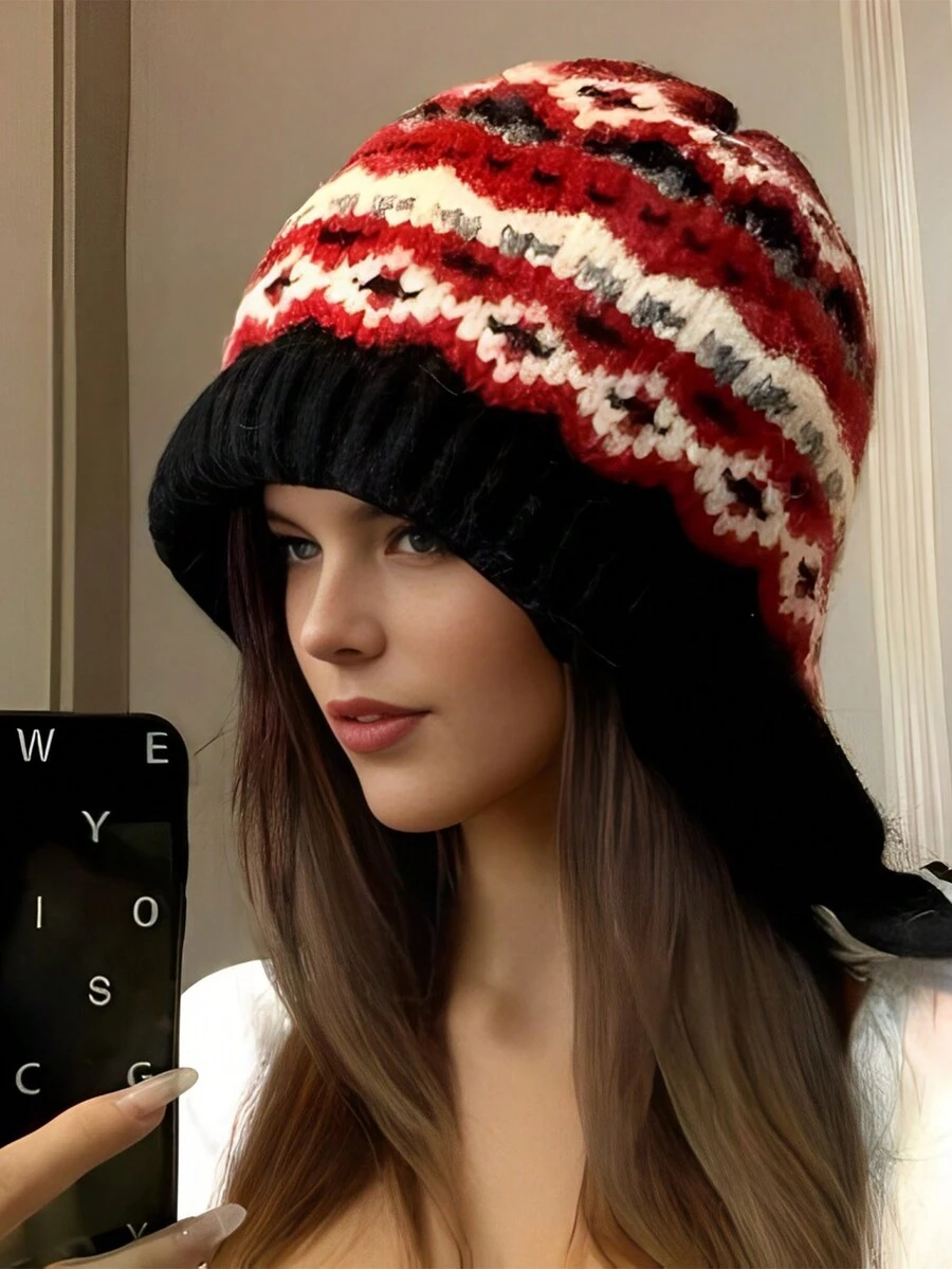 1 件女士户外秋冬拼色条纹保暖护耳针织帽，适合户外活动和日常使用，时尚无檐小便帽，理想的礼物选择 - 彩色 - 查看 1