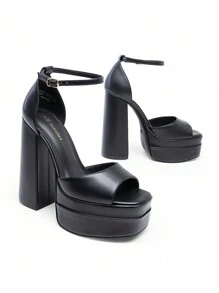 New Arrival Women Fashion Ankle Strap Platform Chunky Heeled Sandals, Sexy Peep Toe Ultra High Heel Sandals For Festival Party, Nightclub Date - Black - View 2