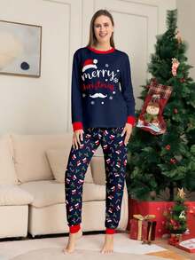 Women's Christmas Pajamas, Christmas Hat Print Long Sleeve Top And Floral Pants Women's Christmas Outfit, Christmas Pajamas, Women's 2 Pieces Autumn/Winter Loungewear Set, Fall Clothes