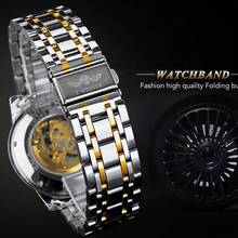 Classic Mechanical Watches Luxury Rhinestone Dial Black Gold Skeleton Automatic Men Watch Stainless Steel Strap Wristwatch - White - View 7
