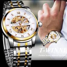 Classic Mechanical Watches Luxury Rhinestone Dial Black Gold Skeleton Automatic Men Watch Stainless Steel Strap Wristwatch - White - View 3