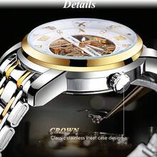 Classic Mechanical Watches Luxury Rhinestone Dial Black Gold Skeleton Automatic Men Watch Stainless Steel Strap Wristwatch - White - View 6