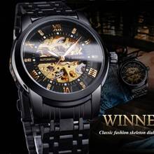 Classic Mechanical Watches Luxury Rhinestone Dial Black Gold Skeleton Automatic Men Watch Stainless Steel Strap Wristwatch - White - View 10
