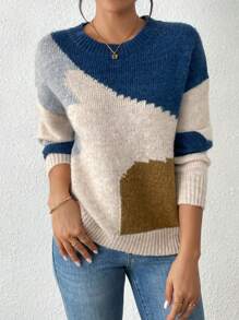 「 Jumpers For Women」Women's Round-Neck Long-Sleeved Asymmetrical Pattern Patchwork Simple Sweater For Daily Casual Wear [Back-To-School Season]