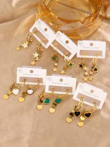 1 对 INS 小众复古奢华百搭不对称高端心形与星形流苏 C 形双层五角星耳环，钛钢 18K 镀金贝壳耳钉，适合生日、情人节礼物、商务演示、日常佩戴 - 金色 - 查看 10