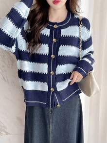 Minimalist Striped Round Neck Cardigan With Chic Design - Blue - View 3