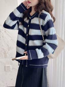 Minimalist Striped Round Neck Cardigan With Chic Design - Blue - View 4