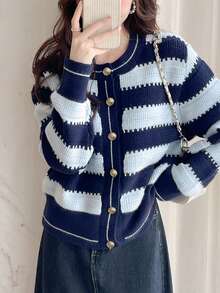 Minimalist Striped Round Neck Cardigan With Chic Design - Blue - View 1