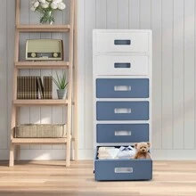 Schubladenschrank Kunststoff mit Rollen - Rollcontainer mit Schubladen - Schubladen aus Kunststoff - Wagen mit Schubladen - Lagersystem Kunststoff   35 * 26 * 83,5 cm / 13,8 * 10 * 32,9 Zoll - Blau+Weiß - Übersicht 1