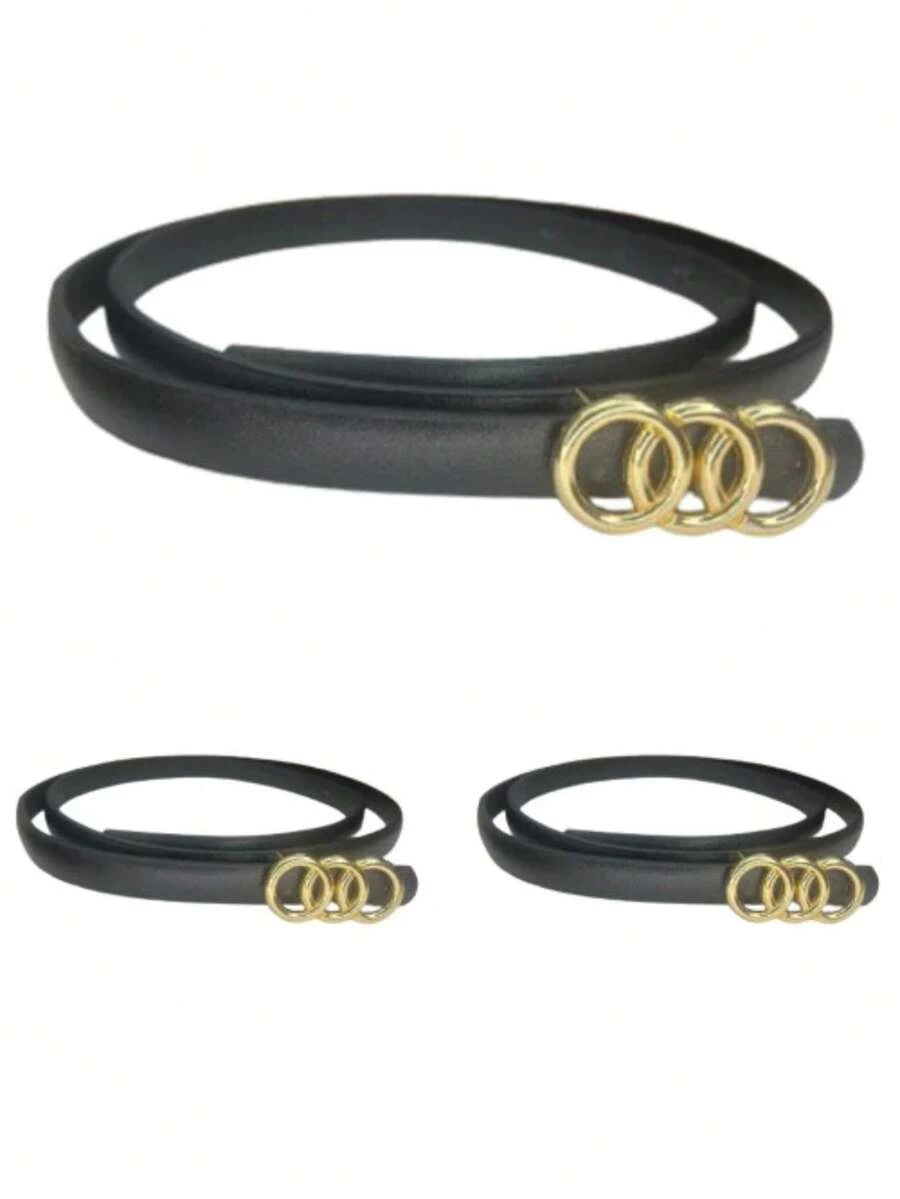 KIT 03 Women's Belts Thin Synthetic Leather 1cm Different Buckles ZX-C-05 - 黑色/黑色/黑色 - 查看 1