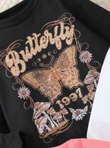 3 件装花卉蝴蝶印花女童长袖 T 恤、休闲套头衫上衣、年轻女孩服装套装 - 彩色 - 查看 5