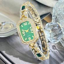 1 chiếc đồng hồ thạch anh hình chữ nhật bằng hợp kim khảm đá quý màu xanh lá cây dành cho nữ, mặt số Ả Rập, pha lê đính đá sang trọng, dây đeo đính đá - màu xanh lá - Xem 5