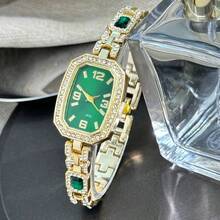 1 chiếc đồng hồ thạch anh hình chữ nhật bằng hợp kim khảm đá quý màu xanh lá cây dành cho nữ, mặt số Ả Rập, pha lê đính đá sang trọng, dây đeo đính đá - màu xanh lá - Xem 6