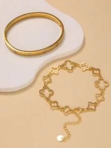 时尚复古优质不锈钢花朵图案锆石手链，多种花朵设计手链适合女士日常佩戴 - 金黃色 - 查看 3