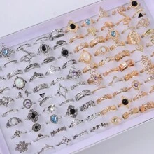 50pcs/Pack Bohemian Vintage Hollow Geometric Crystal Adjustable Rings For Women, Random Styles For Daily, Date, Party, Jewelry Accessory Gift