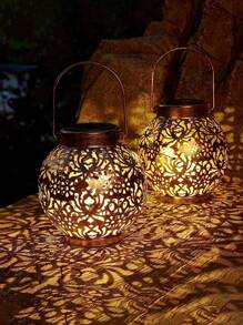 1pc Solar Powered Hollow Hanging Garden Lantern, LED Outdoor Waterproof Pumpkin Retro Metal Decor Landscape Light, Suitable For Daily Holidays Halloween Thanksgiving Tabletop Decor, Patio, Walkway, Porch, Fence, Lawn, Garden Gift, Yard Path, Family Gathering Birthday Party Wedding Decoration Mood Light - Multicolor - View 2