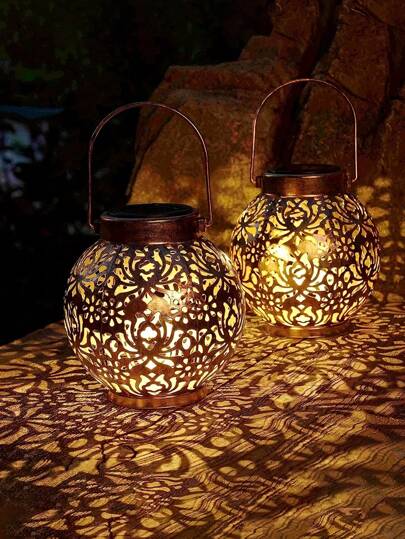 1pc Solar Hollow Hanging Garden Lantern, LED Outdoor Waterproof Pumpkin Retro Metal Decor Landscape Lights, Suitable For Daily Holidays Halloween Thanksgiving Table Decor Patio Access Porch Walkway Fence Lawn Gardening Gifts, Patio Path Family Dinner Birthday Party Wedding Decor Atmosphere Lamps