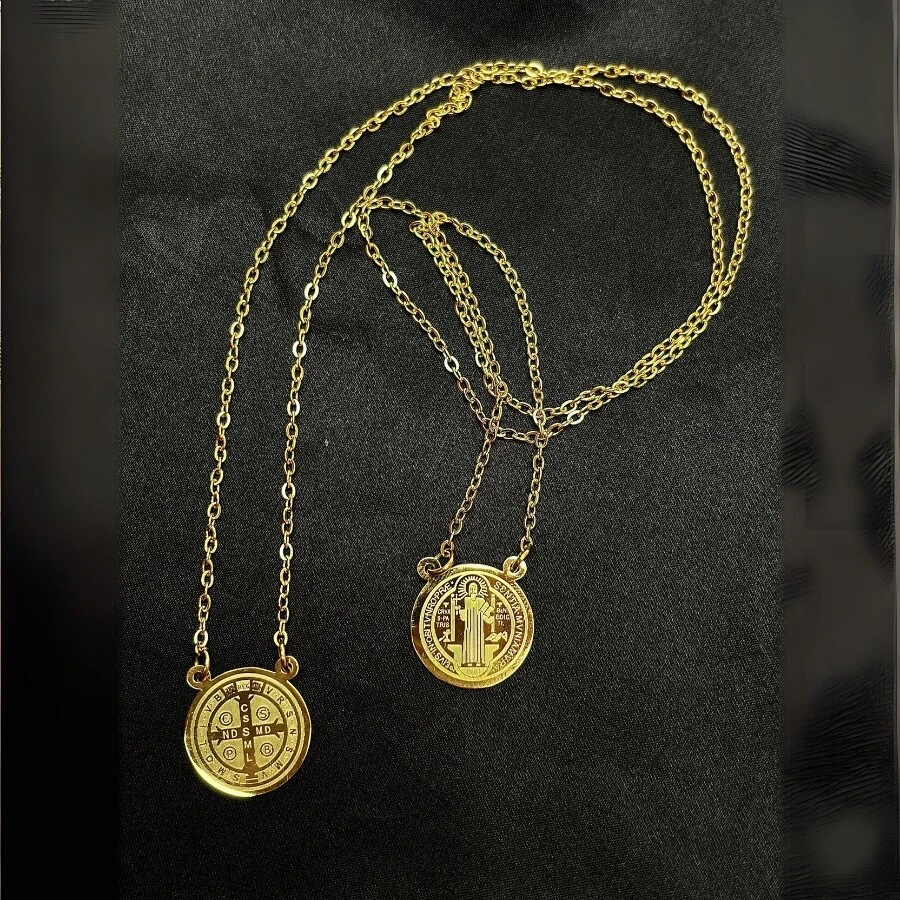 Scapular Medal Saint Benedict In Stainless Steel Men's Chain Necklace 70cm Gold Plated - Vàng - Xem 1