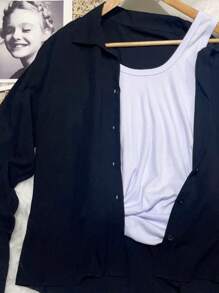 Women's Solid Button Down Shirt - màu đen mới - Xem 3