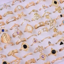 50pcs/Pack Bohemian Vintage Hollow Geometric Crystal Adjustable Rings For Women, Random Styles For Daily, Date, Party, Jewelry Accessory Gift