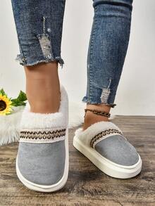 女士灰色保暖内衬厚底防滑保暖毛绒领拖鞋，适合秋冬季户外穿着 - 灰色 - 查看 5