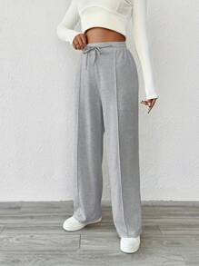 Pantaloni casual in tinta unita a vita alta con coulisse e gamba dritta