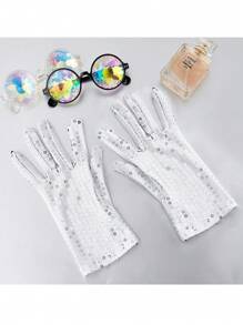 1Pair Silver Sequin Gloves Mesh Glitter Gloves Sequin Dance Gloves For Dress Costume Accessory Sequin Dance Gloves Costume Silver Glitter Short Gloves For Skating Dressing Accessory Halloween
