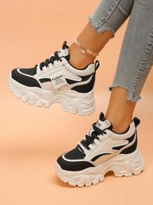 女士厚底休闲运动鞋，撞色时尚百搭厚底运动鞋，系带款式，适合娇小女性的增高鞋，厚底设计