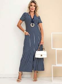 Women's Long Dress With Slit In The Front And Back In Viscolycra With Pockets - Blue and White - View 5