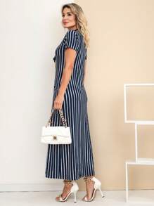 Women's Long Dress With Slit In The Front And Back In Viscolycra With Pockets - Blue and White - View 8