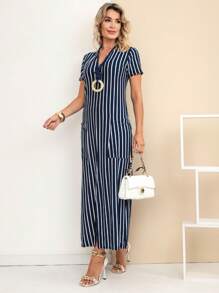 Women's Long Dress With Slit In The Front And Back In Viscolycra With Pockets - Blue and White - View 3