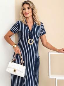 Women's Long Dress With Slit In The Front And Back In Viscolycra With Pockets - Blue and White - View 2