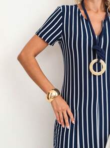 Women's Long Dress With Slit In The Front And Back In Viscolycra With Pockets - Blue and White - View 4