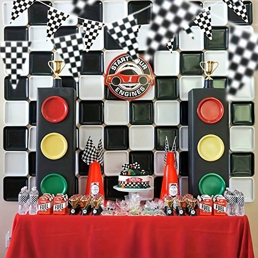 6 Packs Of 10 Black And White Chequered Flags, Decorated For A Race